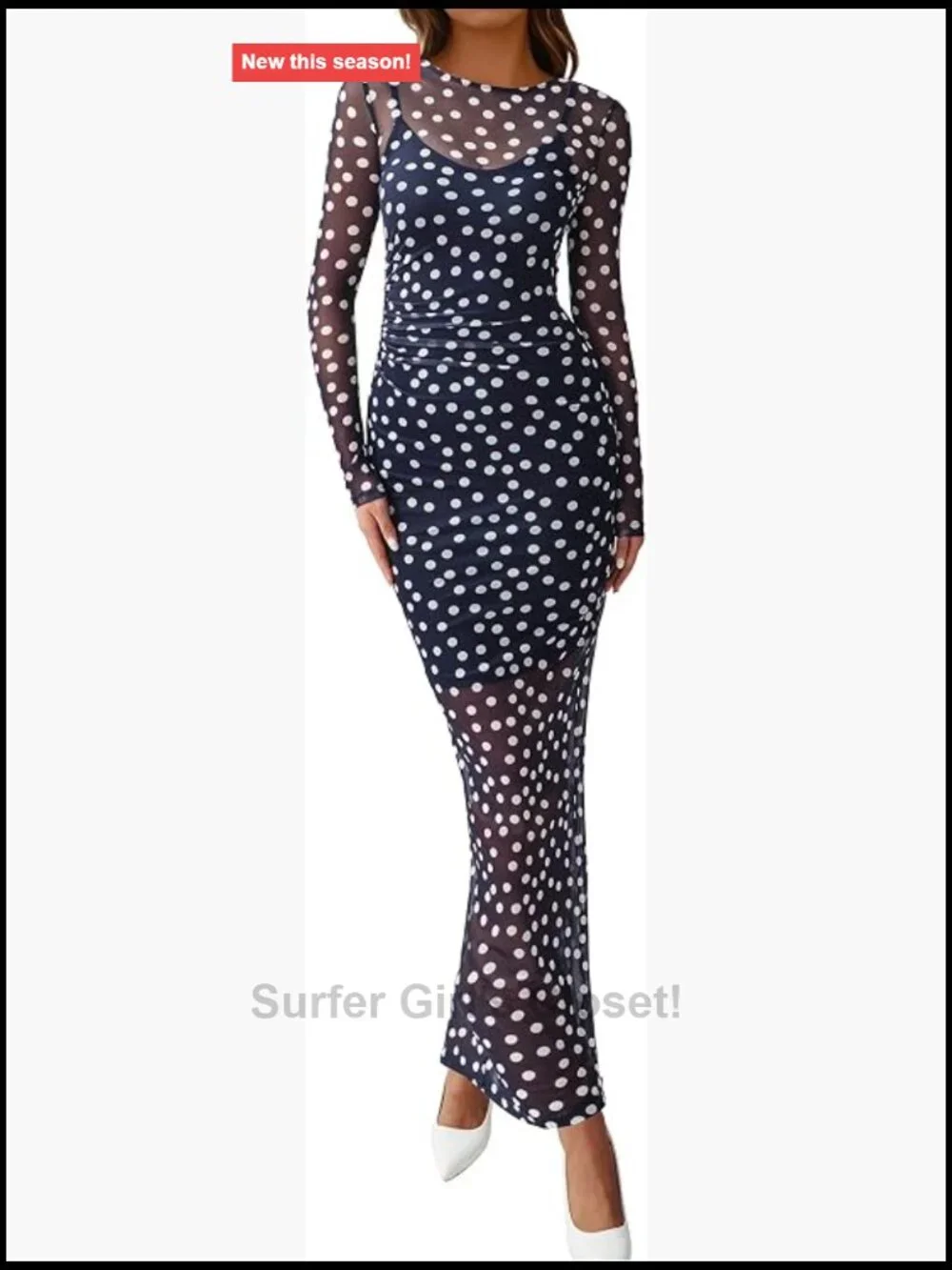 Polka Dot 2 Piece Set Long Sleeve Mesh Bodycon Dress with Slip Dress Party